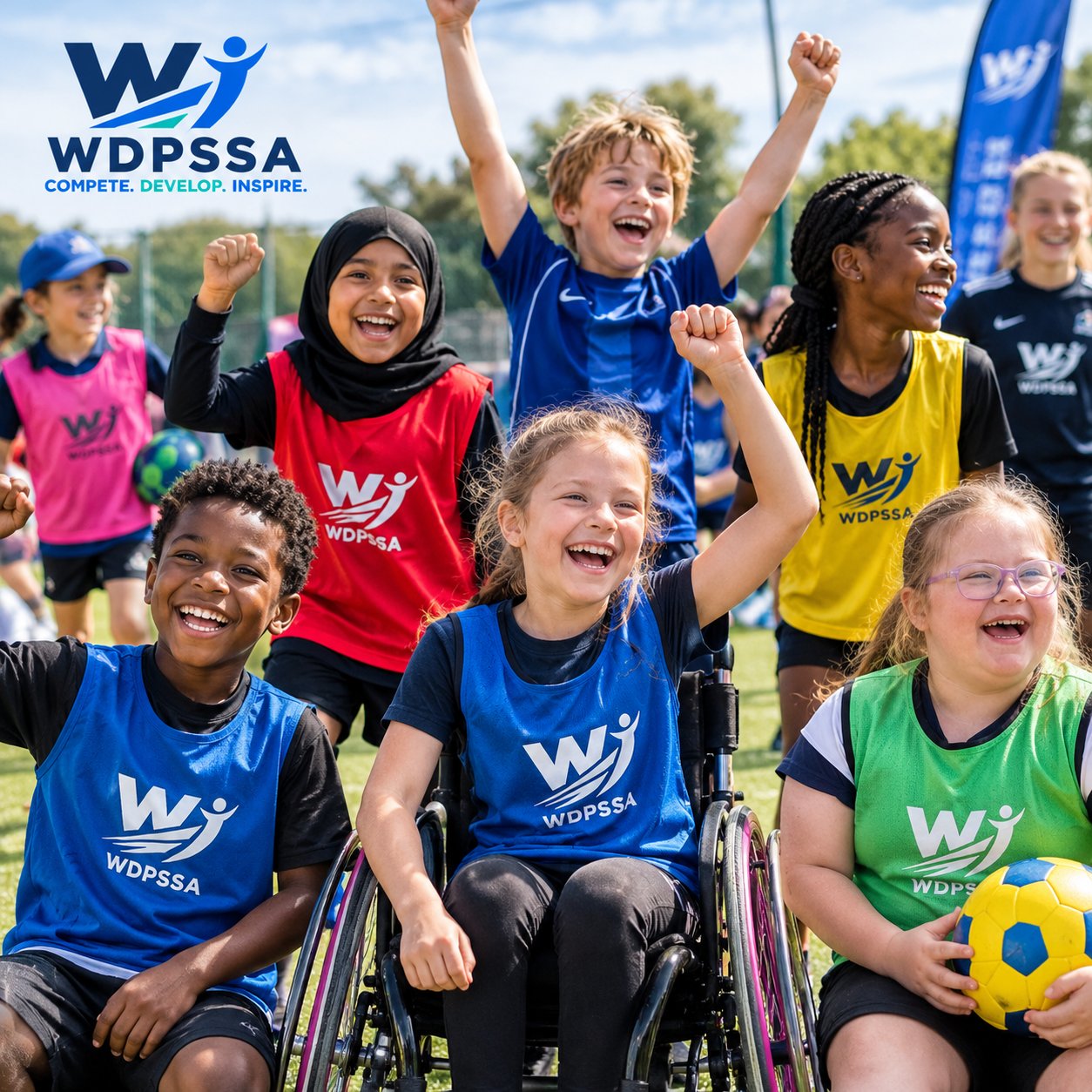 School sports competition with cheering pupils